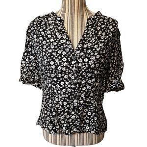NWT Chocolate Blouse Large Black & White Floral 100% Rayon Cropped Peplum